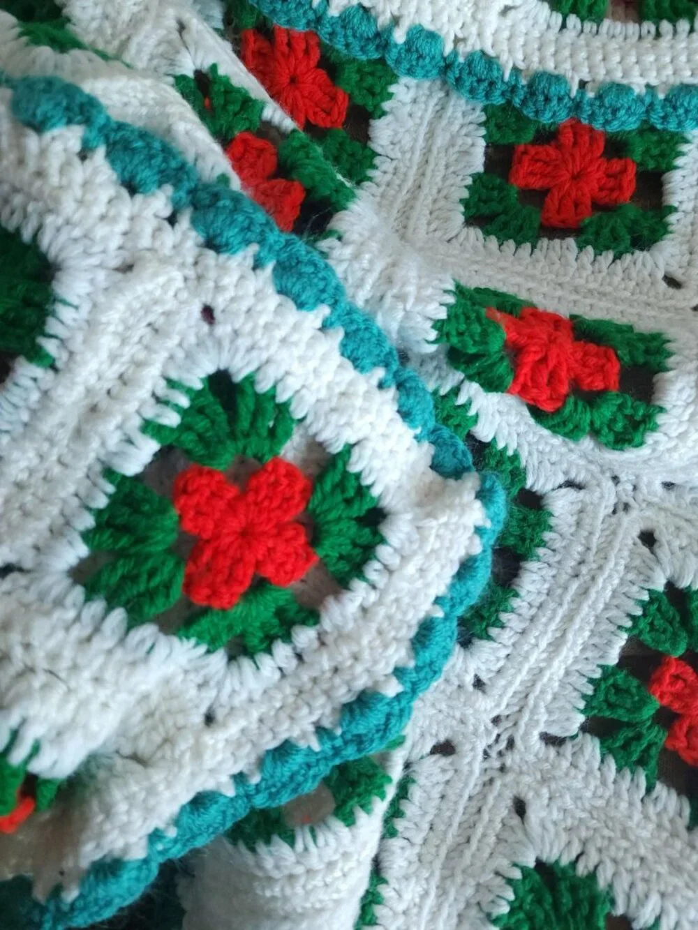 Vintage 1970s Afghan, Granny Square Crochet Lap Blanket, Red Green White Poinset